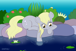 Size: 1000x667 | Tagged: safe, artist:empyu, imported from derpibooru, derpy hooves, pony, 30 minute art challenge, cute, female, mare, pond, solo, water, wingless