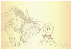 Size: 1073x750 | Tagged: safe, artist:sherwoodwhisper, imported from derpibooru, oc, oc only, oc:eri, pony, unicorn, cape, clothes, duo, female, final fantasy, final fantasy vii, male, mare, monochrome, nanaki, red xiii, traditional art