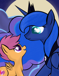 Size: 2550x3300 | Tagged: safe, artist:skyflys, imported from derpibooru, princess luna, scootaloo, alicorn, pegasus, pony, cloud, cloudy, colored pupils, cute, cutealoo, duo, female, filly, looking at each other, mare, moon, night