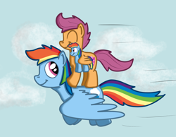 Size: 1080x840 | Tagged: safe, artist:hoofclid, imported from derpibooru, rainbow dash, scootaloo, pegasus, pony, :t, ^^, cloud, cute, duo, eyes closed, female, filly, flying, looking back, mare, plushie, ponies riding ponies, rainbow dash plushie, riding, scootaloo riding rainbow dash, scootalove, sky, smiling, speed lines, spread wings, the cmc's cutie marks, wing hands, wing hold, wings