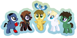 Size: 1200x600 | Tagged: safe, artist:sapphiregamgee, imported from derpibooru, alicorn, bird, earth pony, pegasus, pony, unicorn, anime, colt, crossover, deviantart watermark, duo maxwell, gundam wing, heero yuy, male, obtrusive watermark, ponified, quatre raberba winner, trowa barton, watermark, wufei chang