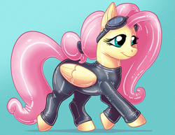 Size: 1035x800 | Tagged: safe, artist:hornbuckle, imported from derpibooru, fluttershy, pegasus, pony, rubber pony, female, goggles, latex, mare, rubber, shiny, solo, stealth suit, walking