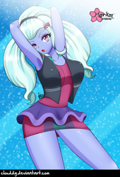 Size: 678x1000 | Tagged: safe, artist:clouddg, imported from derpibooru, sugarcoat, dance magic, equestria girls, spoiler:eqg specials, arm behind head, armpits, breasts, busty sugarcoat, clothes, female, looking at you, open mouth, solo