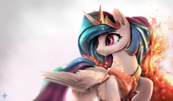 Size: 1800x1049 | Tagged: dead source, safe, artist:noctilucent-arts, imported from derpibooru, daybreaker, princess celestia, alicorn, pony, crying, featured image, female, fire, gradient background, looking back, mane of fire, mare, raised hoof, smiling, solo, transformation