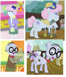 Size: 561x653 | Tagged: safe, edit, imported from derpibooru, screencap, chelsea porcelain, geri, mr. waddle, pearly stitch, earth pony, pony, eqg summertime shorts, equestria girls, shake things up!, bowtie, comparison, cropped, elderly, female, glasses, hat, liver spots, male, mare, stallion, walker