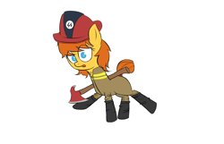 Size: 1400x900 | Tagged: safe, artist:otherdrawfag, imported from derpibooru, oc, oc only, oc:fireaxe, pony, /mlpol/, axe, boots, fire dep, firefighter, firefighter helmet, fireproof boots, helmet, rwss, safety squad, shoes, simple background, solo, tongue out, tuft, weapon, white background