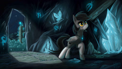 Size: 1920x1080 | Tagged: safe, artist:phenya, imported from derpibooru, oc, oc only, oc:top hat, pony, cave, crystal, mysterious, night, shadow, solo