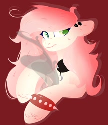 Size: 2600x3000 | Tagged: safe, artist:worldlofldreams, imported from derpibooru, oc, oc only, unnamed oc, pony, bracelet, charm, choker, ear piercing, earring, jewelry, one eye closed, piercing, simple background, smiling, smoke, solo, spiked wristband, wink, wristband