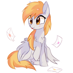 Size: 453x453 | Tagged: safe, artist:aureai, imported from derpibooru, derpy hooves, pegasus, pony, chest fluff, cute, derpabetes, ear fluff, female, happy, letter, mare, raised hoof, simple background, sitting, solo, spread wings, tongue out, white background, wings