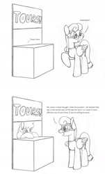 Size: 1180x1948 | Tagged: safe, artist:dsb71013, imported from derpibooru, oc, oc only, oc:hazel naught, oc:maplejack, pegasus, pony, comic, dialogue, duo, female, mare, monochrome, simple background, smol, white background