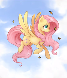 Size: 3900x4500 | Tagged: safe, artist:kodabomb, imported from derpibooru, fluttershy, butterfly, pony, cloud, female, flying, high res, looking at something, sky, solo, spread wings, wings