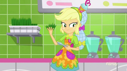 Size: 1280x720 | Tagged: safe, imported from derpibooru, screencap, applejack, eqg summertime shorts, equestria girls, shake things up!, apron, blender (object), clothes, hair net, scissors, wheatgrass