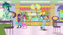Size: 1280x704 | Tagged: safe, imported from derpibooru, screencap, alizarin bubblegum, applejack, captain planet, ginger owlseye, valhallen, eqg summertime shorts, equestria girls, shake things up!, background human, canterlot mall, chair, table