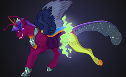 Size: 1300x793 | Tagged: safe, artist:bijutsuyoukai, imported from derpibooru, oc, oc only, oc:alistair, changepony, hybrid, cloven hooves, fangs, magic, male, obtrusive watermark, offspring, parent:thorax, parent:twilight sparkle, parents:twirax, solo, transformation, watermark