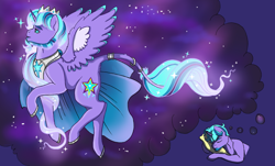 Size: 1148x695 | Tagged: safe, artist:anonymous-potayto, imported from derpibooru, oc, oc only, oc:magic mike, alicorn, pony, unicorn, dream, magical lesbian spawn, male, offspring, parent:starlight glimmer, parent:trixie, parents:startrix, solo, stallion