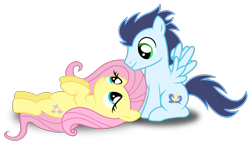 Size: 2827x1641 | Tagged: dead source, safe, artist:meandmyideas, imported from derpibooru, fluttershy, soarin', pegasus, pony, crack shipping, cute, eye contact, female, looking at each other, lying down, male, mare, on back, shipping, shyabetes, simple background, smiling, soarinshy, stallion, straight, transparent background, vector