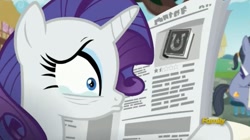 Size: 1667x932 | Tagged: safe, imported from derpibooru, screencap, diamond cutter, rarity, pony, unicorn, fame and misfortune, crying, female, male, mare, newspaper, stallion, this will end in marshmelodrama