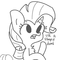 Size: 1650x1650 | Tagged: safe, artist:tjpones, imported from derpibooru, rarity, pony, unicorn, black and white, chest fluff, dialogue, dumb, female, frown, grayscale, insult, mare, monochrome, open mouth, simple background, sketch, solo, stupid, white background