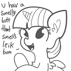 Size: 1650x1650 | Tagged: safe, artist:tjpones, imported from derpibooru, twilight sparkle, alicorn, pony, black and white, chest fluff, cute, dialogue, ear fluff, female, grayscale, insult, mare, monochrome, open mouth, simple background, sketch, smiling, solo, twilight sparkle (alicorn), white background