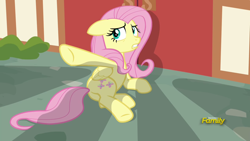 Size: 1920x1080 | Tagged: safe, imported from derpibooru, screencap, fluttershy, pony, fame and misfortune, discovery family logo, out of context, pointing