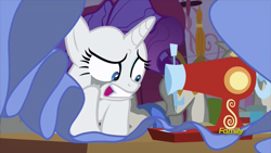 Size: 914x514 | Tagged: safe, imported from derpibooru, screencap, rarity, pony, fame and misfortune, female, mare, marshmelodrama, solo, stress sewing