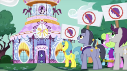 Size: 914x514 | Tagged: safe, imported from derpibooru, screencap, daisy, diamond cutter, flower wishes, lavender bloom, lemon hearts, linky, rarity, shoeshine, twilight sparkle, written script, alicorn, earth pony, pony, unicorn, fame and misfortune, anti-rarity sign, carousel boutique, discovery family logo, female, male, mare, stallion, twilight sparkle (alicorn)