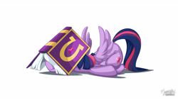 Size: 2560x1440 | Tagged: safe, artist:mysticalpha, imported from derpibooru, twilight sparkle, alicorn, pony, fame and misfortune, book, book hat, facebooking, female, friendship journal, mare, prone, simple background, solo, spread wings, that pony sure does love books, twilight sparkle (alicorn), white background, wingboner, wings