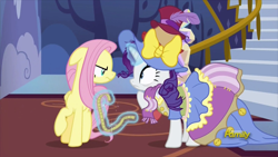 Size: 914x514 | Tagged: safe, imported from derpibooru, screencap, fluttershy, rarity, pony, fame and misfortune, and then there's rarity, angry, bags under eyes, fluttershy is not amused, stress couture, unamused