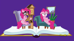 Size: 1920x1080 | Tagged: safe, imported from derpibooru, screencap, pinkie pie, pony, fame and misfortune, book, chair, clipboard, clock, couch, distressed, ears up, fern, flawless, floppy ears, glasses, grandfather clock, groucho mask, lying, painting, paradox, pencil, pinkiatrist, pop-up book, psychiatrist, self ponidox, sitting, stressed, therapist, therapy, troubled, unhappy, writing