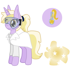 Size: 1349x1337 | Tagged: safe, artist:casanova-mew, imported from derpibooru, dinky hooves, pony, clothes, female, goggles, lab coat, older, reference sheet, solo