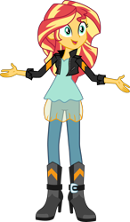 Size: 3000x5132 | Tagged: safe, artist:uponia, imported from derpibooru, sunset shimmer, equestria girls, absurd resolution, boots, clothes, female, jacket, pants, shirt, shoes, simple background, smiling, solo, transparent background, vector