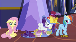 Size: 914x514 | Tagged: safe, imported from derpibooru, screencap, fluttershy, rainbow dash, rarity, pony, fame and misfortune, and then there's rarity, discovery family logo, fetal position, fluttershy is not amused, looking down, marshmelodrama, messy mane, messy tail, pinpoint eyes, rocking, stress couture, unamused