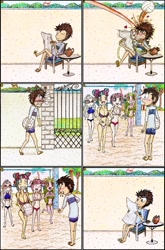Size: 726x1100 | Tagged: safe, artist:meiyeezhu, imported from derpibooru, doctor whooves, lemon zest, sour sweet, sugarcoat, sunny flare, time turner, equestria girls, alternate hairstyle, angry, anime, bandeau, barefoot, beach, bikini, blushing, bush, chair, clothes, comic, cup, feet, food, forgiveness, freckles, gate, hair bun, head injury, injured, newspaper, old master q, palm tree, parody, reading, reference, resting, sand, sandals, shirt, shorts, summer, swimsuit, tea, teacup, teapot, traditional art, tree, upset, vacation, volleyball, volleyball net, wall