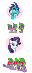 Size: 1024x2311 | Tagged: safe, artist:verycomicrelief, imported from derpibooru, princess ember, rarity, spike, dragon, comic, exploitable meme, female, gaijin 4koma, male, meme, multeity, pit of spikes, reaction guys, shipping, sparity, straight