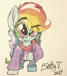 Size: 1832x2054 | Tagged: safe, artist:binkyt11, imported from derpibooru, rainbow dash, anthro, atg 2017, clothes, crossover, dreamworks face, female, hoodie, newbie artist training grounds, rayman, solo, traditional art