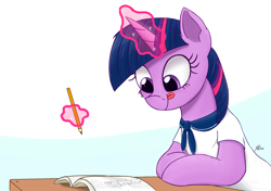 Size: 2000x1406 | Tagged: safe, artist:j24262756, imported from derpibooru, twilight sparkle, pony, clothes, female, glowing horn, magic, mare, paper, pencil, schoolgirl, simple background, smiling, solo, tongue out, writing