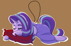 Size: 864x560 | Tagged: safe, artist:lula-moonarts, imported from derpibooru, starlight glimmer, pony, unicorn, blanket, charm, female, pillow, sleeping, solo