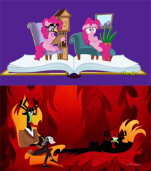 Size: 620x700 | Tagged: safe, imported from derpibooru, pinkie pie, pony, fame and misfortune, aku, clipboard, comparison, flawless, groucho mask, notepad, pinkiatrist, samurai jack, therapist