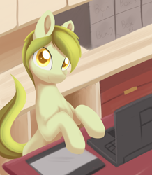 Size: 1182x1354 | Tagged: safe, artist:dusthiel, imported from derpibooru, oc, oc only, oc:dust wind, earth pony, pony, atg 2017, computer, female, laptop computer, male, mare, newbie artist training grounds, solo, stallion