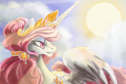 Size: 1080x720 | Tagged: safe, artist:candasaurus, imported from derpibooru, princess celestia, alicorn, pony, cloud, female, jewelry, pink-mane celestia, profile, sky, smiling, solo, spread wings, sun, wings