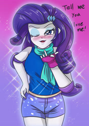 Size: 2894x4093 | Tagged: safe, artist:sumin6301, imported from derpibooru, rarity, equestria girls, absurd resolution, blowing a kiss, clothes, dialogue, elbow pads, female, fingerless gloves, gloves, looking at you, one eye closed, open mouth, scarf, shorts, solo, sparkling, wink