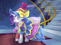 Size: 1160x859 | Tagged: safe, artist:tcn1205, imported from derpibooru, rarity, pony, unicorn, fame and misfortune, clothes, female, mare, scene interpretation, solo, stairs, stress couture