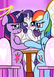 Size: 2480x3507 | Tagged: safe, artist:twidasher, imported from derpibooru, rainbow dash, rarity, twilight sparkle, pegasus, pony, unicorn, blushing, chair, crying, female, holding hooves, lesbian, polyamory, raridash, rarilight, raritwidash, shipping, sitting, table, tears of joy, trio, twidash