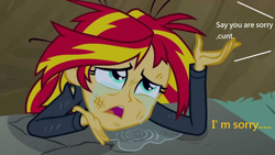 Size: 1276x720 | Tagged: safe, imported from derpibooru, sunset shimmer, equestria girls, equestria girls (movie), abuse, crying, female, sad, shimmerbuse, solo, vulgar