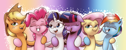 Size: 1657x665 | Tagged: safe, artist:saturdaymorningproj, imported from derpibooru, applejack, fluttershy, pinkie pie, rainbow dash, rarity, twilight sparkle, alicorn, earth pony, pegasus, pony, unicorn, fame and misfortune, female, flawless, mane six, mare, smiling, twilight sparkle (alicorn)