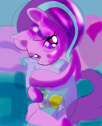 Size: 750x925 | Tagged: safe, artist:takshive, imported from derpibooru, starlight glimmer, cutie mark, heart, heart eyes, implied shipping, implied starburst, implied sunburst, pillow, smiling, wingding eyes