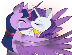 Size: 1153x874 | Tagged: safe, artist:selective-yellow, imported from derpibooru, rarity, twilight sparkle, alicorn, pony, unicorn, fanfic:the enchanted library, blushing, cloven hooves, duo, eyes closed, female, kiss on the lips, kissing, lesbian, mare, rarilight, shipping, simple background, transparent background, twilight sparkle (alicorn), unshorn fetlocks