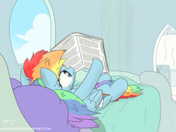 Size: 1280x960 | Tagged: safe, artist:halflingpony, imported from derpibooru, rainbow dash, pony, bathroom, bedroom, book, cloud, cloud bed, female, lying, messy mane, messy tail, morning, morning ponies, newbie artist training grounds, on back, reading, solo