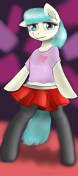 Size: 3856x8700 | Tagged: safe, artist:lakunae, imported from derpibooru, coco pommel, semi-anthro, belly button, clothes, cute, eyelashes, eyeshadow, female, looking at you, makeup, mare, pantyhose, skirt, smiling, solo, stockings