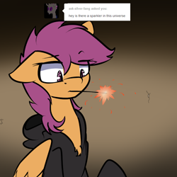 Size: 750x750 | Tagged: safe, artist:conmanwolf, imported from derpibooru, scootaloo, pegasus, pony, ask factory scootaloo, fanfic:rainbow factory, clothes, comic, factory scootaloo, mouth hold, sparkler (firework)